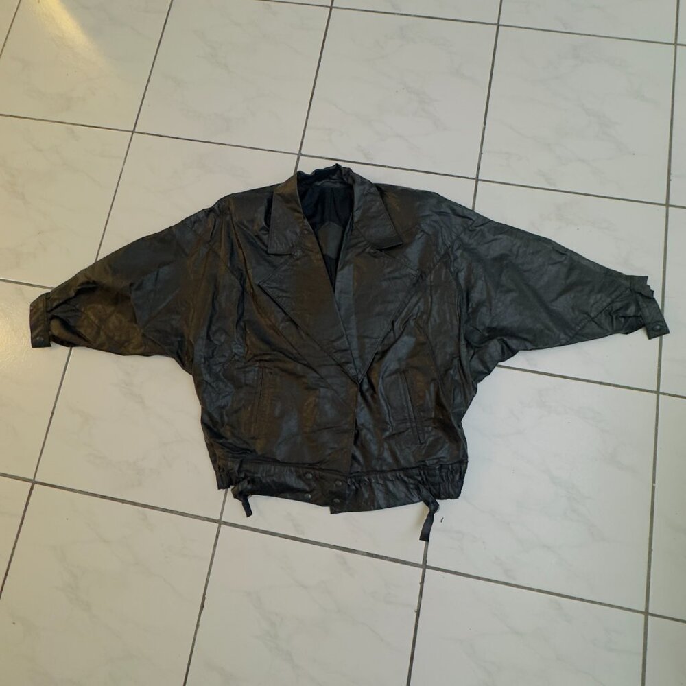 Vintage 1980s Black Leather Bomber Jacket a Distinct Batwing Sleeve Style
